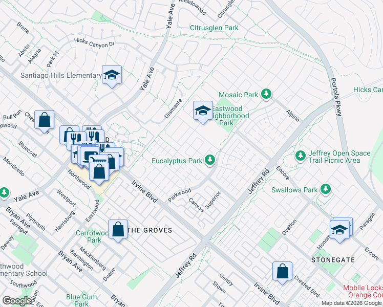 map of restaurants, bars, coffee shops, grocery stores, and more near 111 Mangrove Banks in Irvine
