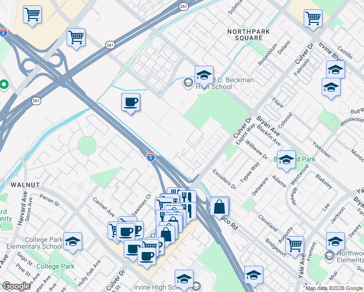 map of restaurants, bars, coffee shops, grocery stores, and more near 420 Exchange in Irvine
