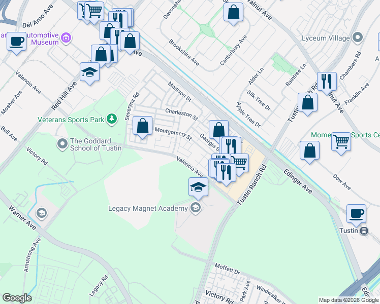 map of restaurants, bars, coffee shops, grocery stores, and more near 15205 Fairfax Way in Tustin