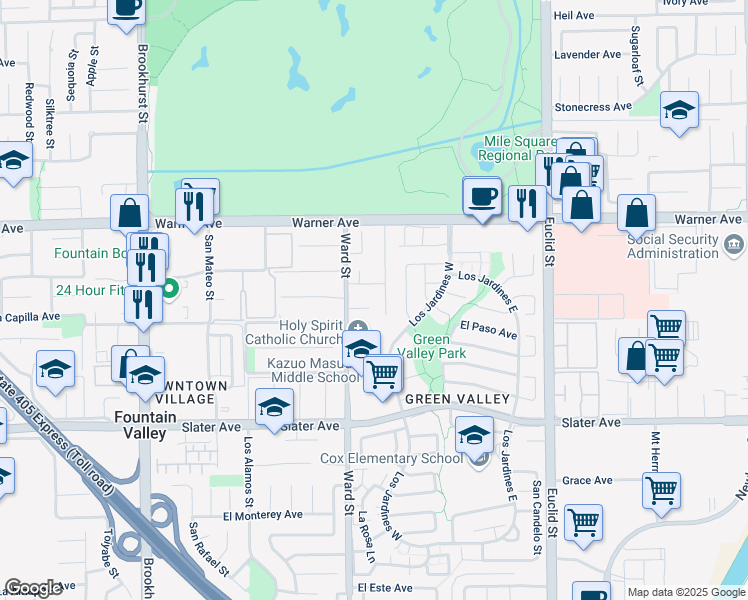 map of restaurants, bars, coffee shops, grocery stores, and more near 10552 El Manzano Avenue in Fountain Valley