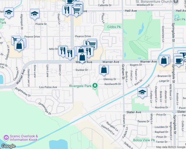 map of restaurants, bars, coffee shops, grocery stores, and more near 5172 Dunbar Drive in Huntington Beach