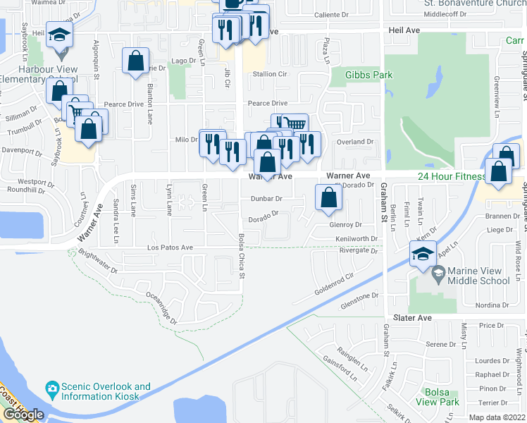 map of restaurants, bars, coffee shops, grocery stores, and more near 5092 Dunbar Drive in Huntington Beach