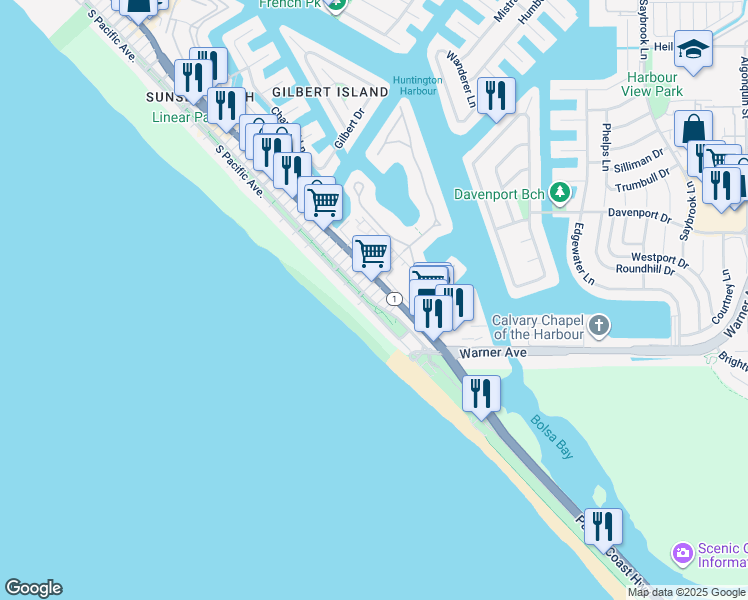 map of restaurants, bars, coffee shops, grocery stores, and more near in Huntington Beach