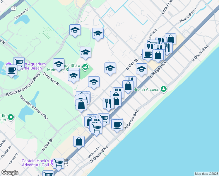 map of restaurants, bars, coffee shops, grocery stores, and more near 3300 North Oak Street in Myrtle Beach