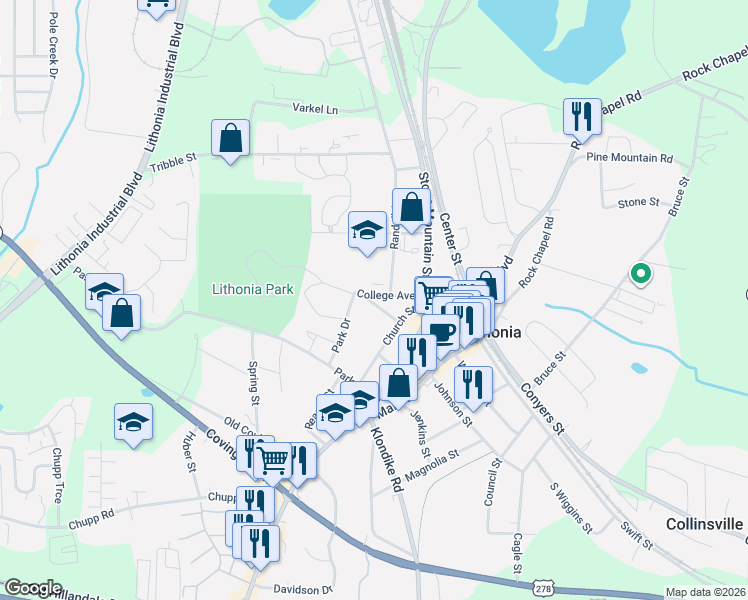 map of restaurants, bars, coffee shops, grocery stores, and more near 113 Lucellen Avenue in Lithonia
