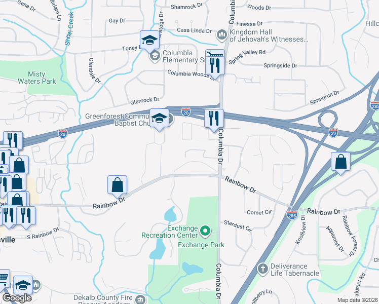 map of restaurants, bars, coffee shops, grocery stores, and more near 3262 Abbeywood Drive in Decatur