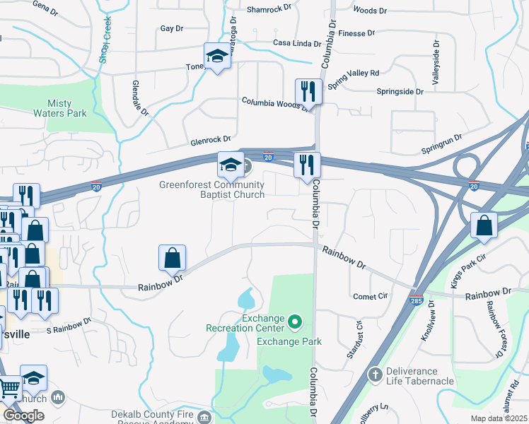 map of restaurants, bars, coffee shops, grocery stores, and more near 3252 Abbeywood Drive in Decatur