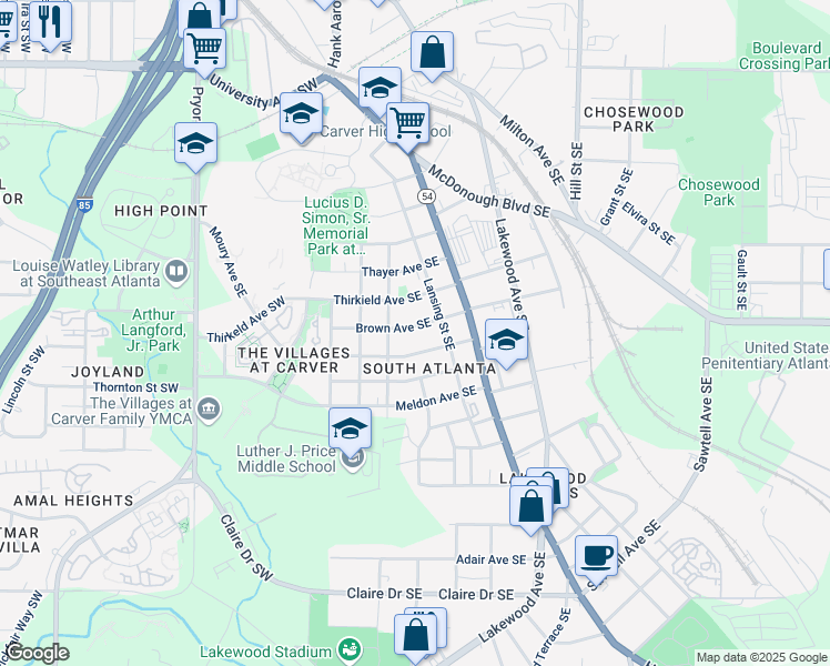 map of restaurants, bars, coffee shops, grocery stores, and more near 99 Brown Avenue Southeast in Atlanta