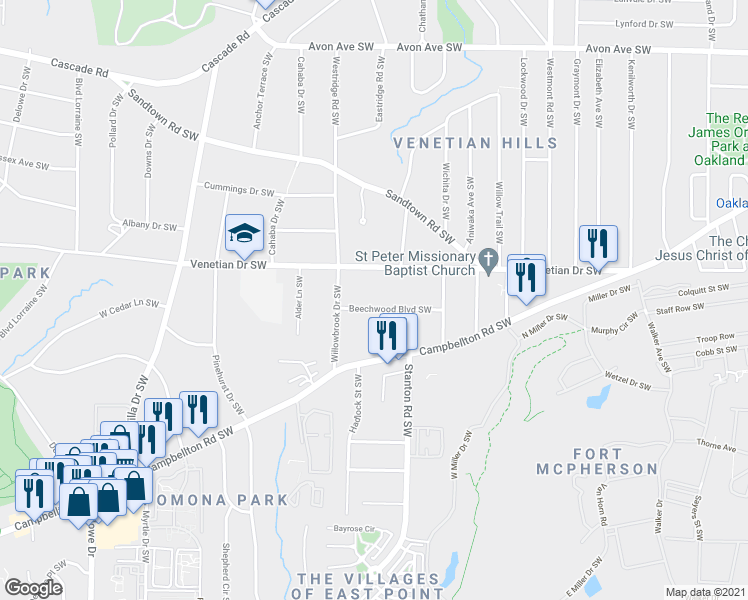 map of restaurants, bars, coffee shops, grocery stores, and more near 1753 Beechwood Boulevard Southwest in Atlanta