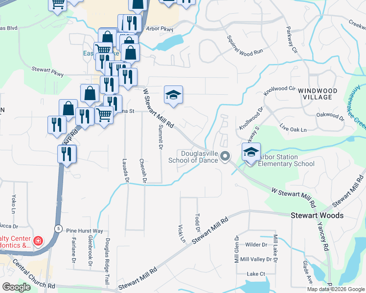 map of restaurants, bars, coffee shops, grocery stores, and more near 3368 West Stewarts Mill Road in Douglasville