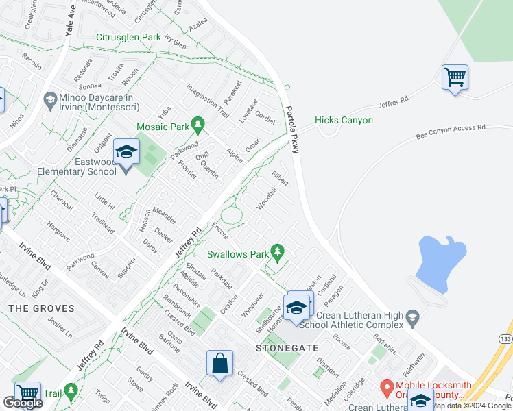 map of restaurants, bars, coffee shops, grocery stores, and more near 62 Walden in Irvine