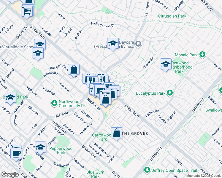 map of restaurants, bars, coffee shops, grocery stores, and more near 276 Streamwood in Irvine