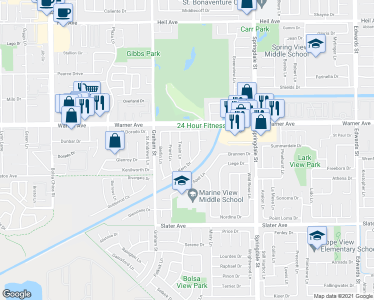 map of restaurants, bars, coffee shops, grocery stores, and more near 17081 Twain Lane in Huntington Beach