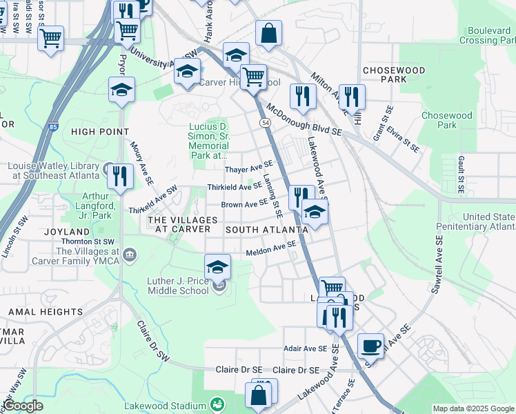 map of restaurants, bars, coffee shops, grocery stores, and more near 99 Brown Avenue Southeast in Atlanta