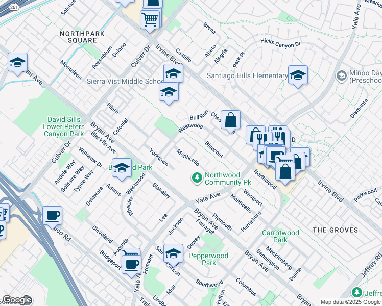 map of restaurants, bars, coffee shops, grocery stores, and more near 3 Morris Road in Irvine
