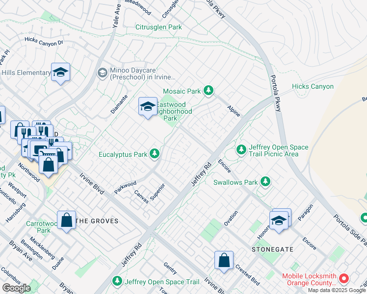 map of restaurants, bars, coffee shops, grocery stores, and more near 71 Brixton in Irvine