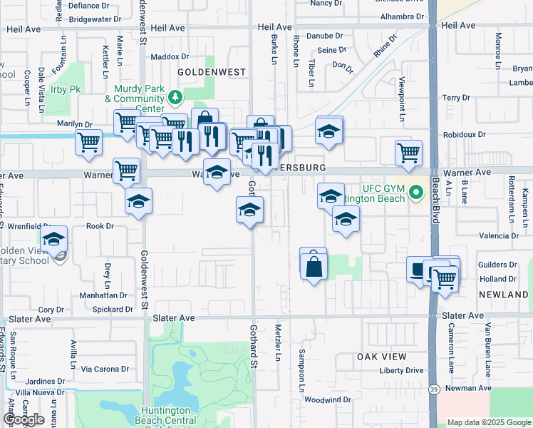 map of restaurants, bars, coffee shops, grocery stores, and more near 17121 Palmdale Lane in Huntington Beach