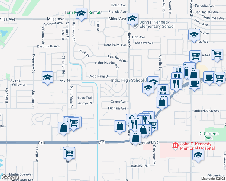 map of restaurants, bars, coffee shops, grocery stores, and more near 81351 Avenue 46 in Indio