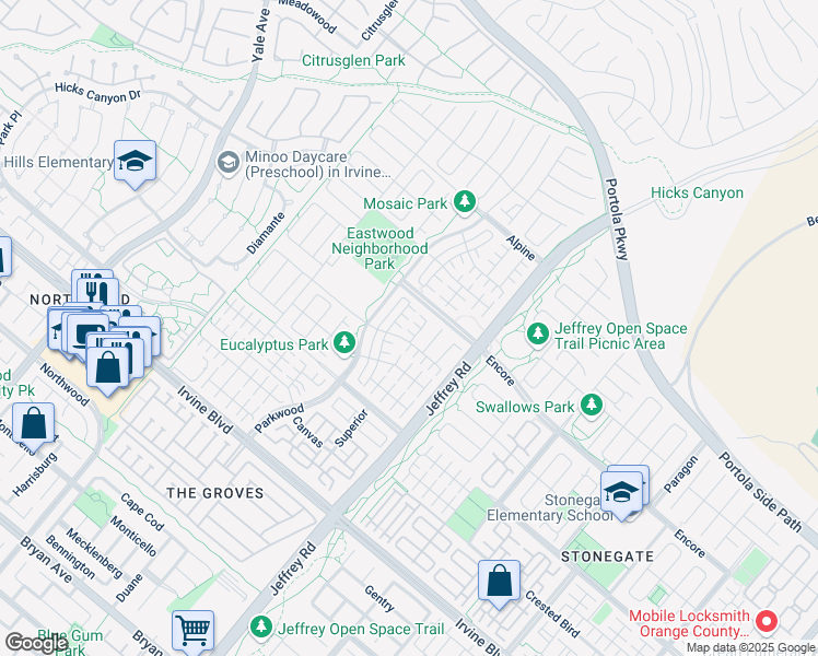 map of restaurants, bars, coffee shops, grocery stores, and more near 71 Brixton in Irvine