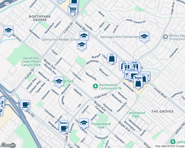 map of restaurants, bars, coffee shops, grocery stores, and more near 3 Morris Road in Irvine