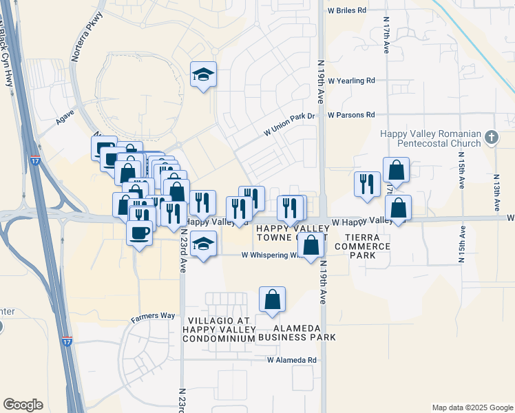 map of restaurants, bars, coffee shops, grocery stores, and more near 25111 North 21st Avenue in Phoenix