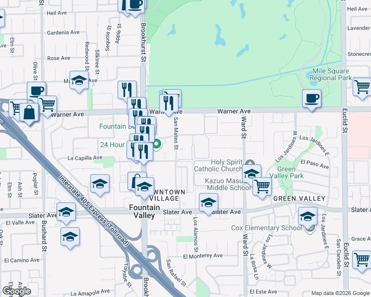 map of restaurants, bars, coffee shops, grocery stores, and more near in Fountain Valley