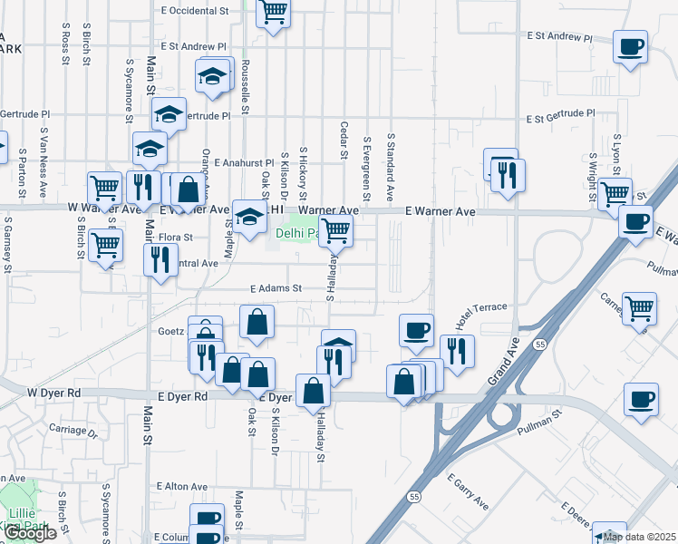 map of restaurants, bars, coffee shops, grocery stores, and more near 608 East Central Avenue in Santa Ana