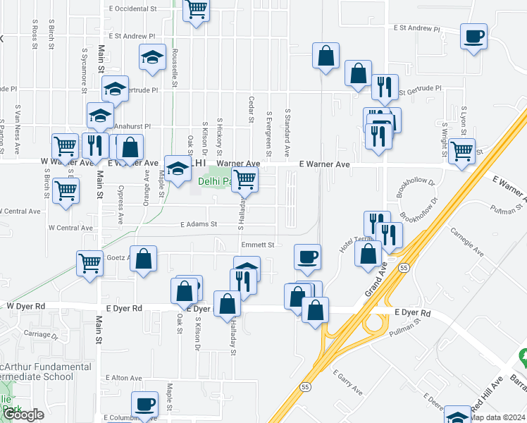 map of restaurants, bars, coffee shops, grocery stores, and more near 630 East Central Avenue in Santa Ana