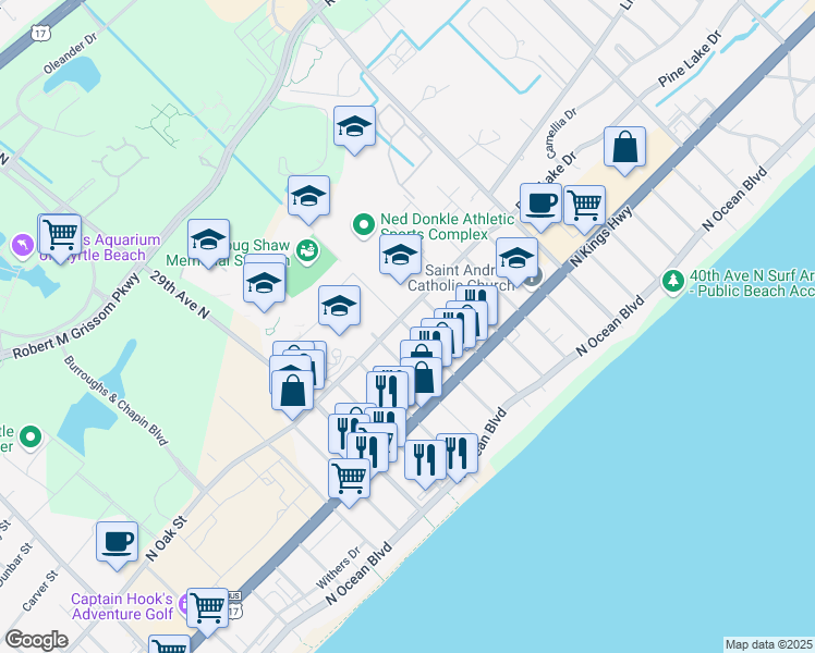 map of restaurants, bars, coffee shops, grocery stores, and more near 33rd Avenue North in Myrtle Beach
