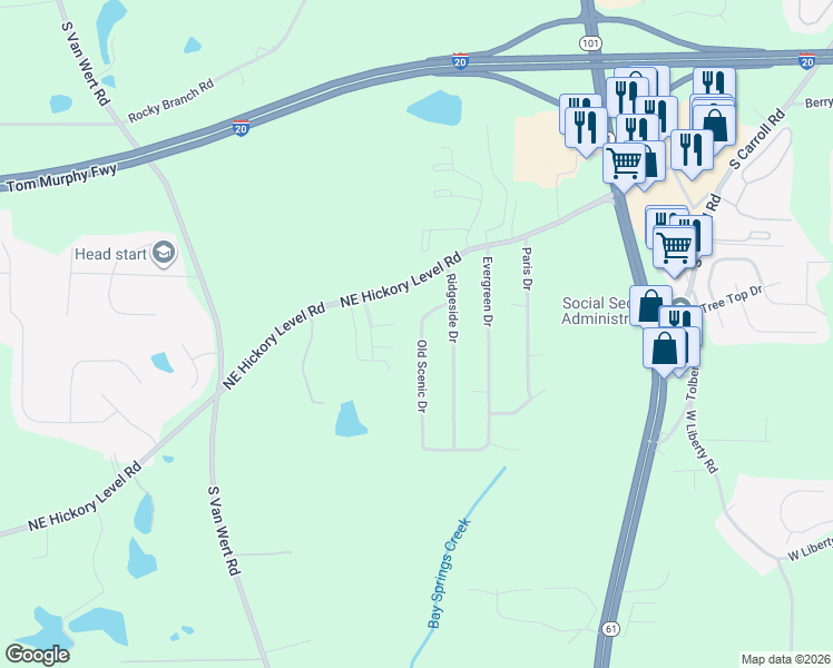 map of restaurants, bars, coffee shops, grocery stores, and more near 2117 Old Scenic Drive in Villa Rica