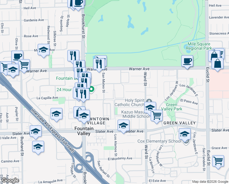 map of restaurants, bars, coffee shops, grocery stores, and more near 10280 La Hacienda Avenue in Fountain Valley