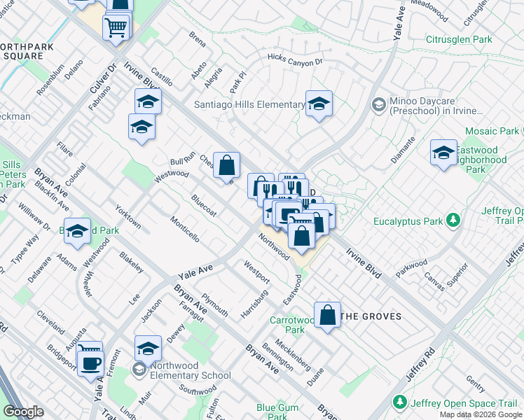 map of restaurants, bars, coffee shops, grocery stores, and more near 17 Atlanta in Irvine