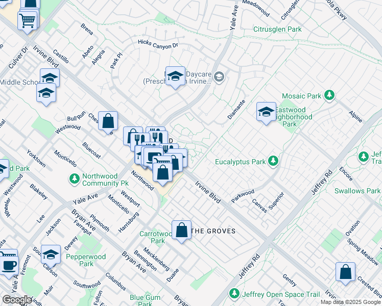 map of restaurants, bars, coffee shops, grocery stores, and more near 75 Streamwood in Irvine