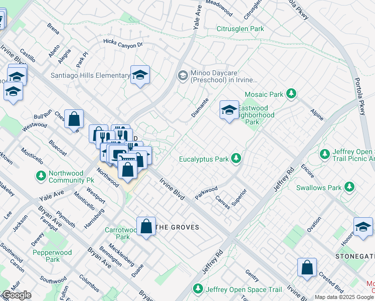 map of restaurants, bars, coffee shops, grocery stores, and more near 120 Charcoal in Irvine