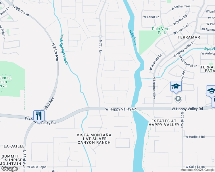 map of restaurants, bars, coffee shops, grocery stores, and more near 7574 West Happy Valley Road in Peoria