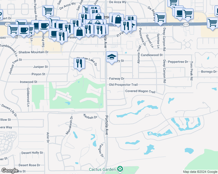 map of restaurants, bars, coffee shops, grocery stores, and more near 74040 Old Prospector Trail in Palm Desert