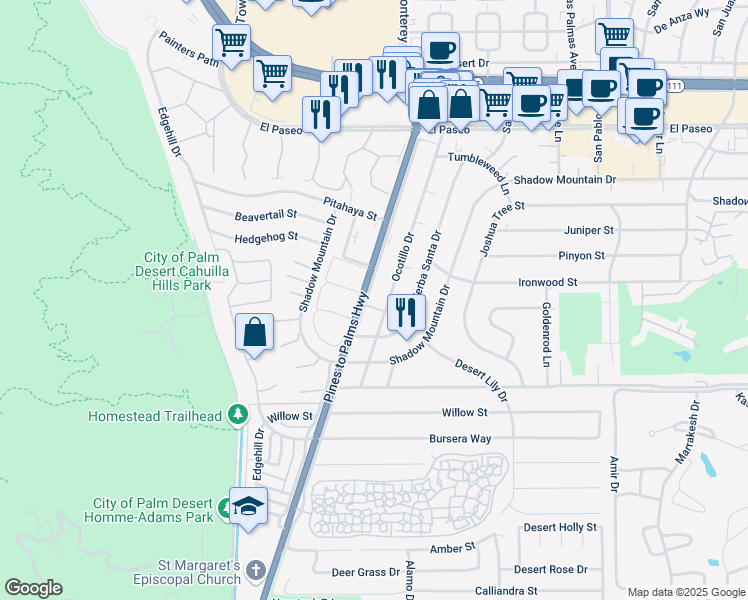map of restaurants, bars, coffee shops, grocery stores, and more near 46020 California 74 in Palm Desert