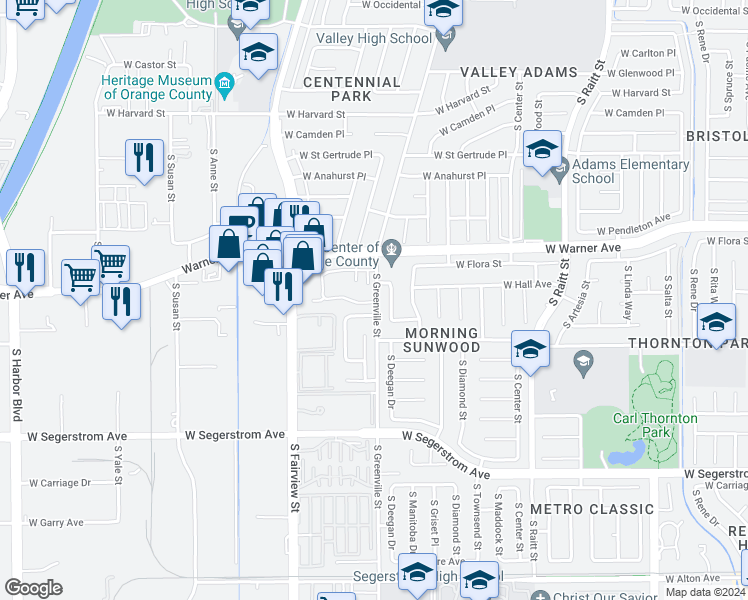 map of restaurants, bars, coffee shops, grocery stores, and more near 2714 West Northwood in Santa Ana
