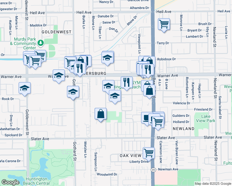 map of restaurants, bars, coffee shops, grocery stores, and more near 17102 Emerald Lane in Huntington Beach