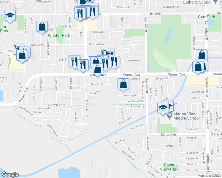map of restaurants, bars, coffee shops, grocery stores, and more near 5172 Dunbar Drive in Huntington Beach