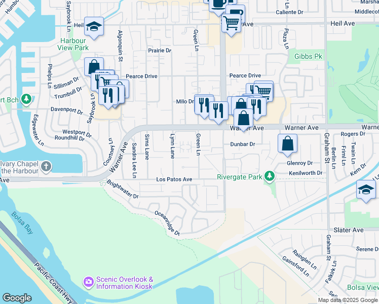 map of restaurants, bars, coffee shops, grocery stores, and more near 17091 Green Lane in Huntington Beach
