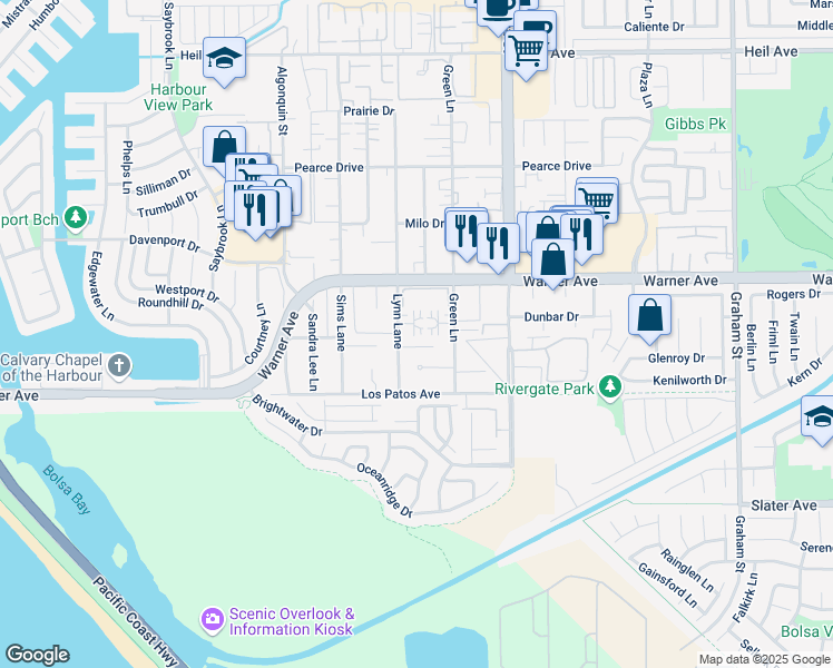 map of restaurants, bars, coffee shops, grocery stores, and more near 17092 Lynn Lane in Huntington Beach