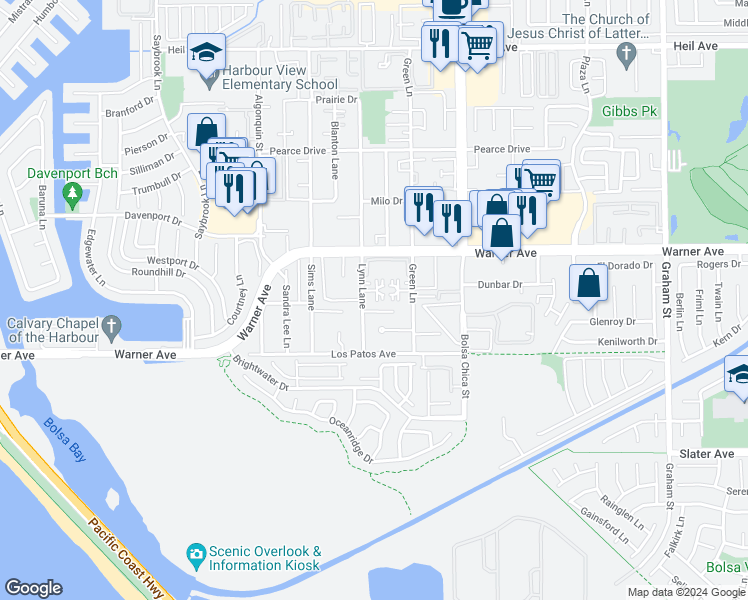map of restaurants, bars, coffee shops, grocery stores, and more near 17092 Lynn Lane in Huntington Beach