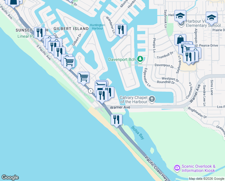 map of restaurants, bars, coffee shops, grocery stores, and more near 17104 Bluewater Lane in Huntington Beach