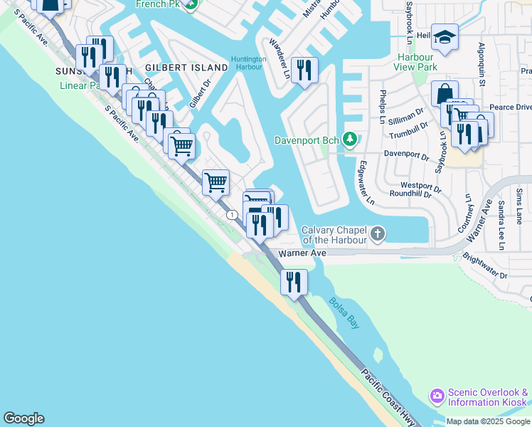 map of restaurants, bars, coffee shops, grocery stores, and more near 17031 Marina Bay Drive in Huntington Beach