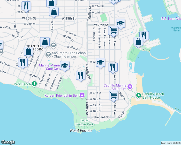 map of restaurants, bars, coffee shops, grocery stores, and more near 3320 South Gaffey Street in Los Angeles