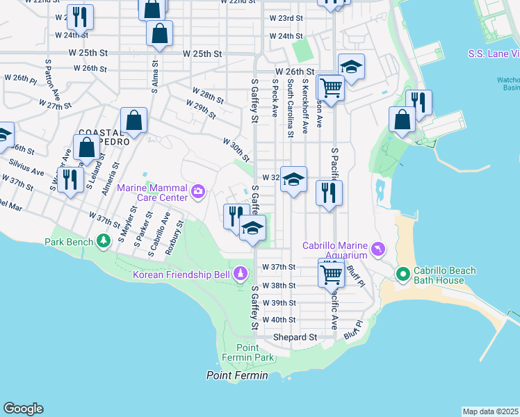 map of restaurants, bars, coffee shops, grocery stores, and more near 3320 South Gaffey Street in Los Angeles