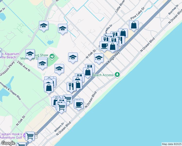 map of restaurants, bars, coffee shops, grocery stores, and more near 504 35th Avenue North in Myrtle Beach
