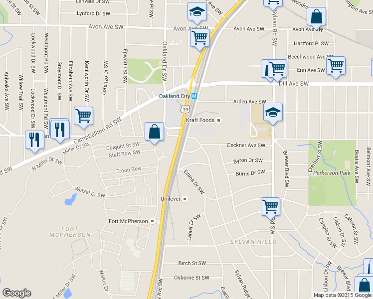 map of restaurants, bars, coffee shops, grocery stores, and more near 1514 Murphy Avenue Southwest in Atlanta