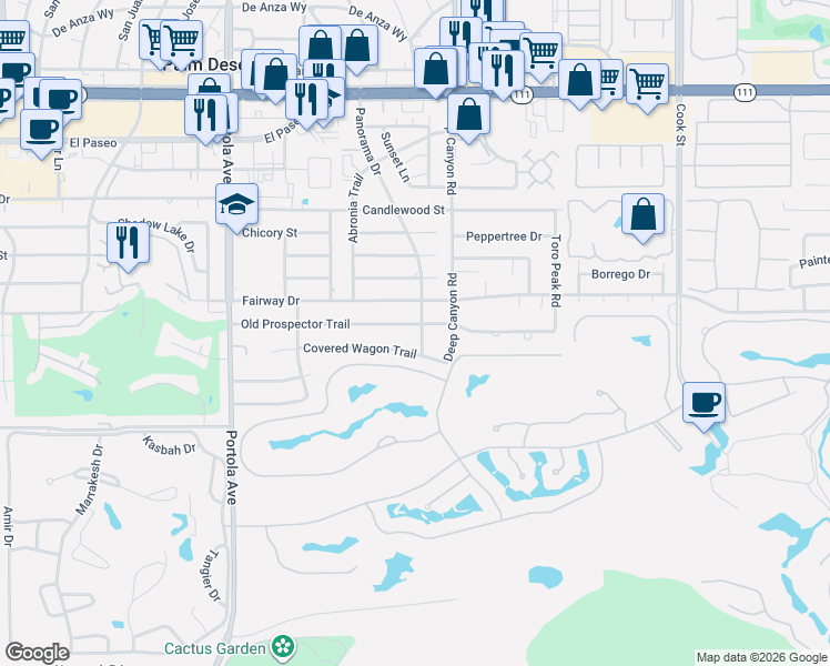 map of restaurants, bars, coffee shops, grocery stores, and more near 74399 Old Prospector Trail in Palm Desert